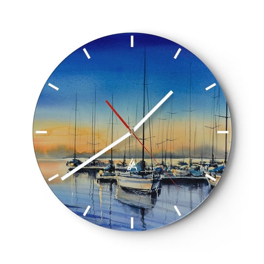 Zegar ścienny - Koniec dobrego dnia - 30x30cm - Jachty Pejzaż Morze - Okrągły zegar na szkle - Nowoczeny Stylowy Zegar do salonu do kuchni - Cichy i Modny zegar ARTTOR