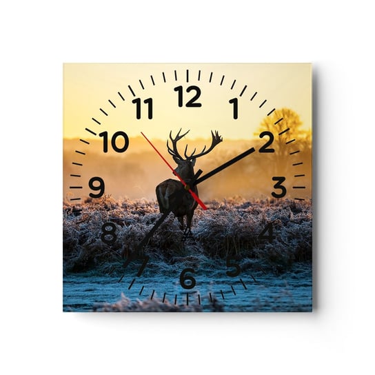 Zegar ścienny - Koronowany na swoich włościach - 40x40cm - Krajobraz Zwierzęta Jeleń - Kwadratowy zegar szklany - Nowoczeny Stylowy Zegar do salonu do kuchni - Cichy i Modny zegar ARTTOR