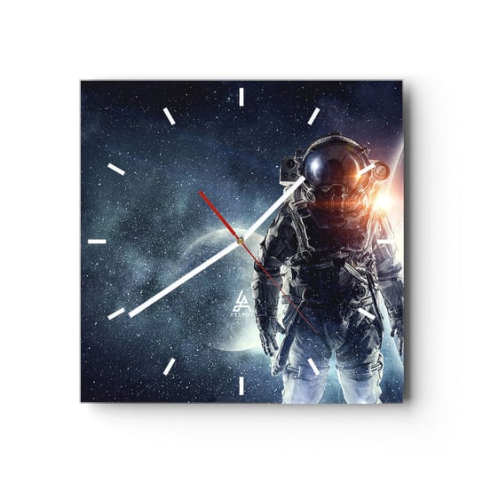 Zegar ścienny - Kosmiczna przygoda - 30x30cm - Kosmos Astronauta Gwiazdy - Kwadratowy zegar na szkle - Nowoczeny Stylowy Zegar do salonu do kuchni - Cichy i Modny zegar ARTTOR