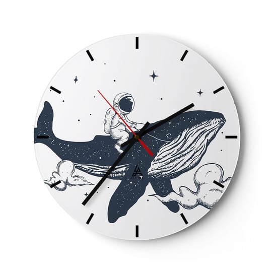 Zegar ścienny - Kosmiczna przygoda - 30x30cm - Wieloryb Astronauta Fantazja - Okrągły zegar na szkle - Nowoczeny Stylowy Zegar do salonu do kuchni - Cichy i Modny zegar ARTTOR