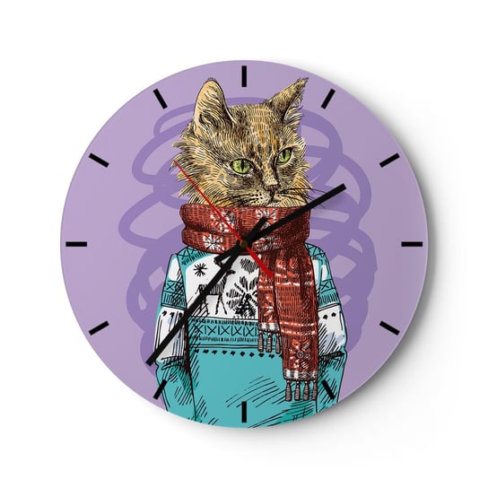 Zegar ścienny - Kot nie tylko w butach - 30x30cm - Abstrakcja Kot Wełniany Sweter - Okrągły zegar na szkle - Nowoczeny Stylowy Zegar do salonu do kuchni - Cichy i Modny zegar ARTTOR