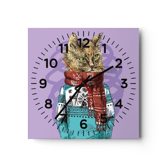Zegar ścienny - Kot nie tylko w butach - 40x40cm - Abstrakcja Kot Wełniany Sweter - Kwadratowy zegar szklany - Nowoczeny Stylowy Zegar do salonu do kuchni - Cichy i Modny zegar ARTTOR