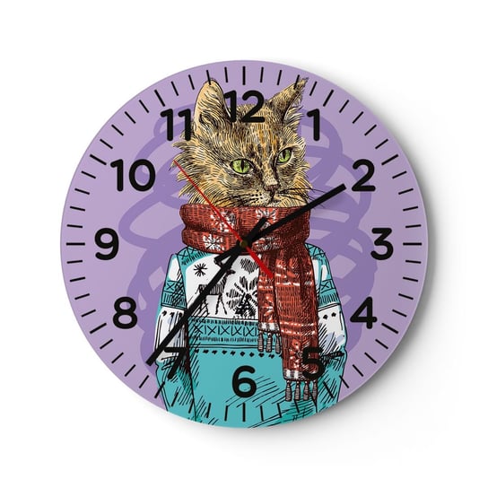 Zegar ścienny - Kot nie tylko w butach - 40x40cm - Abstrakcja Kot Wełniany Sweter - Okrągły zegar szklany - Nowoczeny Stylowy Zegar do salonu do kuchni - Cichy i Modny zegar ARTTOR