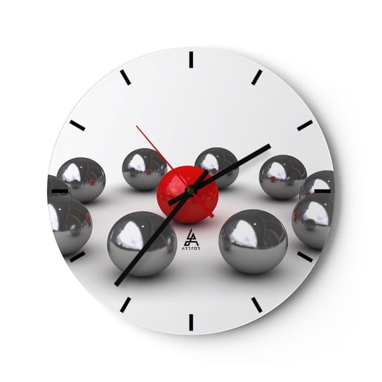 Zegar ścienny - Krąg w srebrze i czerwieni - 30x30cm - Abstrakcja 3D Okrągłe Kule - Okrągły zegar na szkle - Nowoczeny Stylowy Zegar do salonu do kuchni - Cichy i Modny zegar ARTTOR