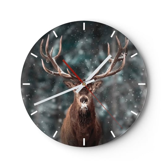 Zegar ścienny - Król lasu ukoronowany - 30x30cm - Zwierzęta Jeleń Zima - Okrągły zegar na szkle - Nowoczeny Stylowy Zegar do salonu do kuchni - Cichy i Modny zegar ARTTOR