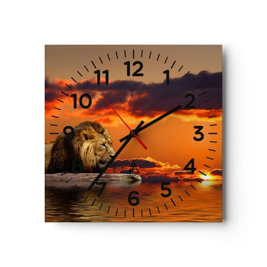 Zegar ścienny - Król natury - 30x30cm - Lew Zachód Słońca Zwierzęta - Kwadratowy zegar ścienny - Nowoczeny Stylowy Zegar do salonu do kuchni - Cichy i Modny zegar ARTTOR