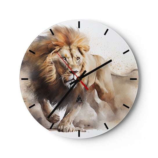 Zegar ścienny - Król ruszył - 30x30cm - Lew Jasny Zwierzę - Okrągły zegar na szkle - Nowoczeny Stylowy Zegar do salonu do kuchni - Cichy i Modny zegar ARTTOR