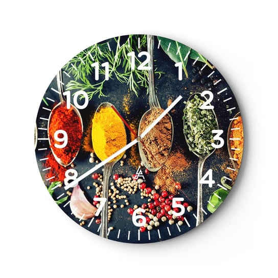 Zegar ścienny - Kulinarna magia - 30x30cm - Przyprawy Zioła Kuchnia - Okrągły zegar ścienny - Nowoczeny Stylowy Zegar do salonu do kuchni - Cichy i Modny zegar ARTTOR