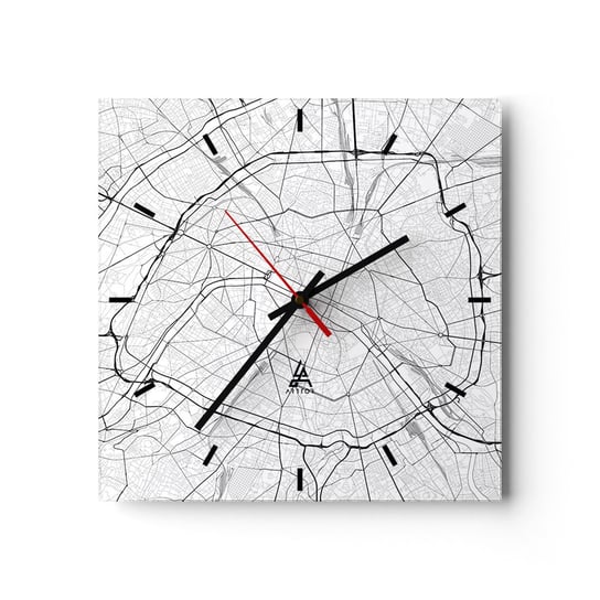 Zegar ścienny - Kwiat Paryża - 30x30cm - Miasto Mapa Miasta Paryż - Kwadratowy zegar na szkle - Nowoczeny Stylowy Zegar do salonu do kuchni - Cichy i Modny zegar ARTTOR