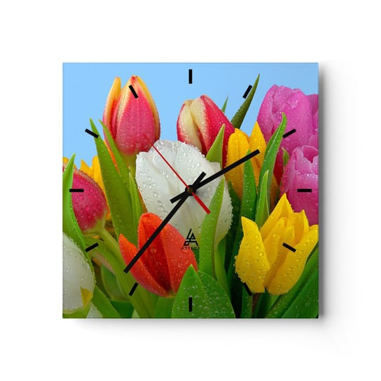 Zegar ścienny - Kwiatowa tęcza w kroplach rosy - 30x30cm - Tulipany Kwiaty Bukiet Kwiatów - Kwadratowy zegar na szkle - Nowoczeny Stylowy Zegar do salonu do kuchni - Cichy i Modny zegar ARTTOR