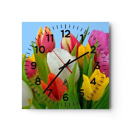 Zegar ścienny - Kwiatowa tęcza w kroplach rosy - 30x30cm - Tulipany Kwiaty Bukiet Kwiatów - Kwadratowy zegar ścienny - Nowoczeny Stylowy Zegar do salonu do kuchni - Cichy i Modny zegar ARTTOR