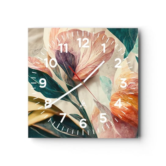 Zegar ścienny - Kwiaty wysp południowych - 40x40cm - Kwiaty Vintage Botanika - Kwadratowy zegar szklany - Nowoczeny Stylowy Zegar do salonu do kuchni - Cichy i Modny zegar ARTTOR
