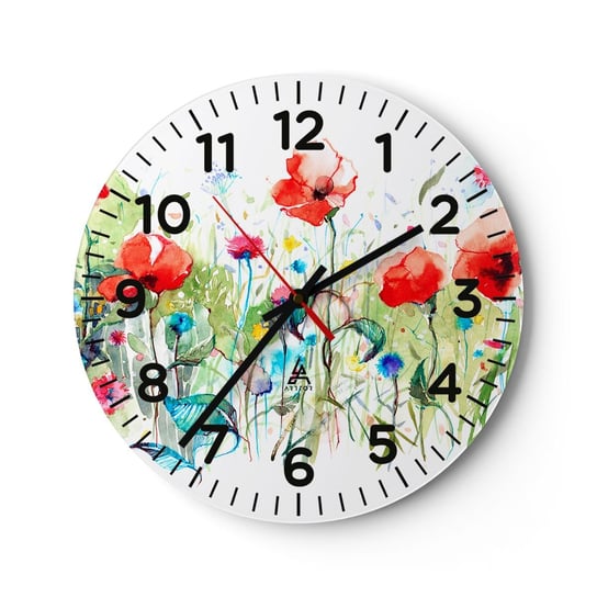 Zegar ścienny - Kwitnąca majem łąka - 30x30cm - Kwiaty Maki Ogród - Okrągły zegar ścienny - Nowoczeny Stylowy Zegar do salonu do kuchni - Cichy i Modny zegar ARTTOR