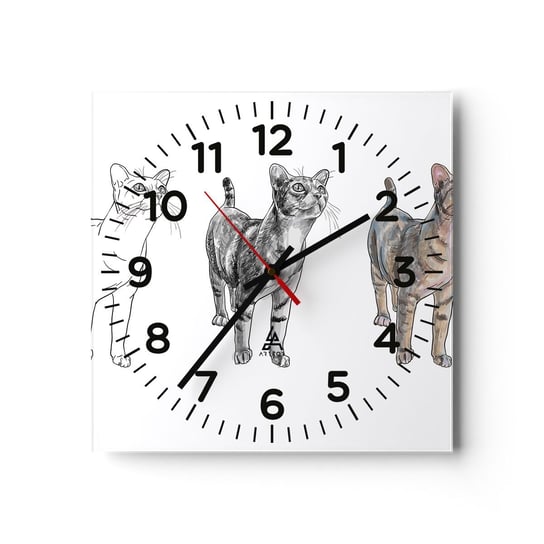 Zegar ścienny - Lekcja rysunku - 40x40cm - Zwierzęta Kot Dla Dzieci - Kwadratowy zegar szklany - Nowoczeny Stylowy Zegar do salonu do kuchni - Cichy i Modny zegar ARTTOR