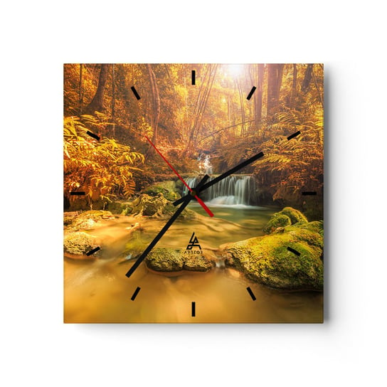 Zegar ścienny - Leśna kaskada w złocie - 30x30cm - Krajobraz Wodospad Tajlandia - Kwadratowy zegar na szkle - Nowoczeny Stylowy Zegar do salonu do kuchni - Cichy i Modny zegar ARTTOR