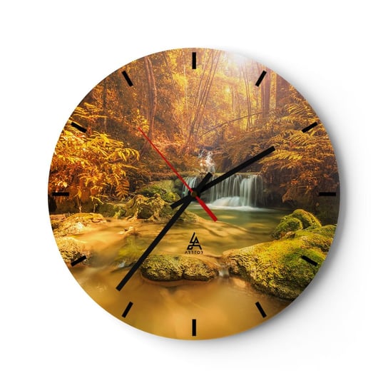 Zegar ścienny - Leśna kaskada w złocie - 30x30cm - Krajobraz Wodospad Tajlandia - Okrągły zegar na szkle - Nowoczeny Stylowy Zegar do salonu do kuchni - Cichy i Modny zegar ARTTOR