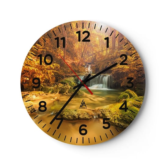 Zegar ścienny - Leśna kaskada w złocie - 40x40cm - Krajobraz Wodospad Tajlandia - Okrągły zegar szklany - Nowoczeny Stylowy Zegar do salonu do kuchni - Cichy i Modny zegar ARTTOR