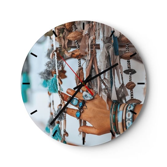 Zegar ścienny - Lokalne skarby - 30x30cm - Kobieca Dłoń Biżuteria Boho - Okrągły zegar na szkle - Nowoczeny Stylowy Zegar do salonu do kuchni - Cichy i Modny zegar ARTTOR