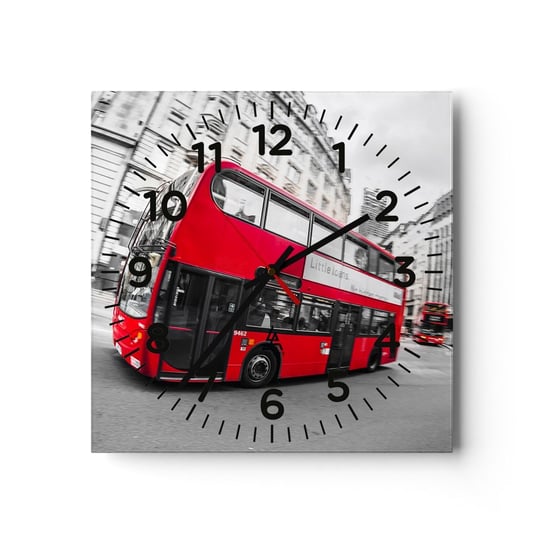 Zegar ścienny - Londyn tradycyjnie - by bus - 30x30cm - Miasto Londyn Czerwony Autobus - Kwadratowy zegar ścienny - Nowoczeny Stylowy Zegar do salonu do kuchni - Cichy i Modny zegar ARTTOR
