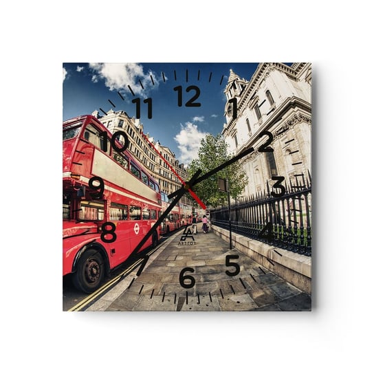 Zegar ścienny - Londyńska ulica w szarości i czerwieni - 30x30cm - Miasto Londyn Czerwony Autobus - Kwadratowy zegar ścienny - Nowoczeny Stylowy Zegar do salonu do kuchni - Cichy i Modny zegar ARTTOR