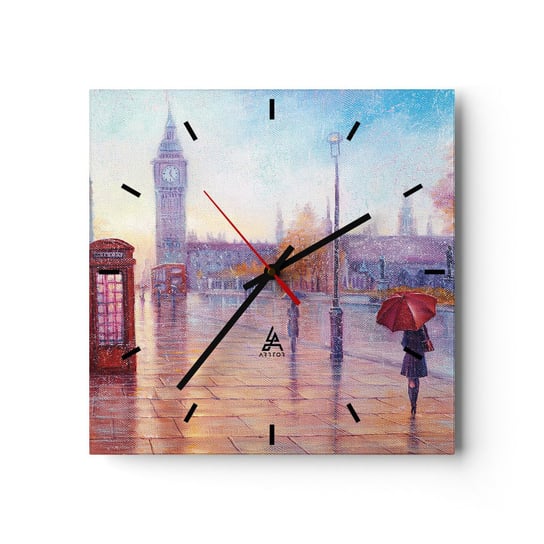 Zegar ścienny - Londyński jesienny dzień - 30x30cm - Miasto Londyn Architektura - Kwadratowy zegar na szkle - Nowoczeny Stylowy Zegar do salonu do kuchni - Cichy i Modny zegar ARTTOR