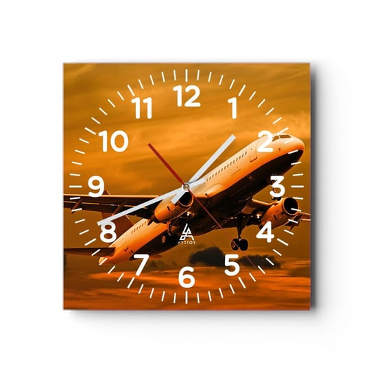 Zegar ścienny - Lot w stronę słońca - 30x30cm - Samolot Podróż Zachód Słońca - Kwadratowy zegar ścienny - Nowoczeny Stylowy Zegar do salonu do kuchni - Cichy i Modny zegar ARTTOR