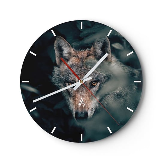Zegar ścienny - Łowca - 30x30cm - Wilk Las Zwierzęta - Okrągły zegar na szkle - Nowoczeny Stylowy Zegar do salonu do kuchni - Cichy i Modny zegar ARTTOR