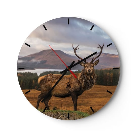 Zegar ścienny - Majestat natury - 30x30cm - Zwierzęta Jeleń Krajobraz - Okrągły zegar na szkle - Nowoczeny Stylowy Zegar do salonu do kuchni - Cichy i Modny zegar ARTTOR