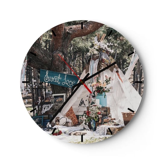 Zegar ścienny - Make love… - 30x30cm - Krajobraz Vintage Boho - Okrągły zegar na szkle - Nowoczeny Stylowy Zegar do salonu do kuchni - Cichy i Modny zegar ARTTOR