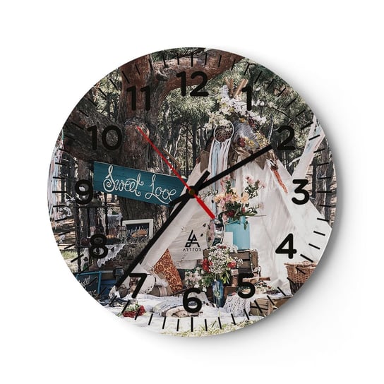 Zegar ścienny - Make love… - 40x40cm - Krajobraz Vintage Boho - Okrągły zegar szklany - Nowoczeny Stylowy Zegar do salonu do kuchni - Cichy i Modny zegar ARTTOR