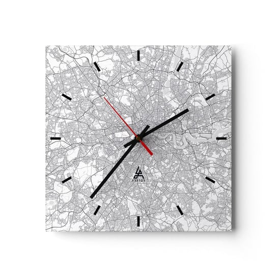 Zegar ścienny - Mapa londyńskiego labiryntu - 30x30cm - Miasto Mapa Miasta Londyn - Kwadratowy zegar na szkle - Nowoczeny Stylowy Zegar do salonu do kuchni - Cichy i Modny zegar ARTTOR