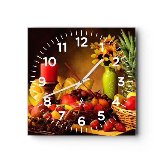 Zegar ścienny - Martwa natura z pieczywem i owocami - 40x40cm - Gastronomia Kwiaty Owoce - Kwadratowy zegar szklany - Nowoczeny Stylowy Zegar do salonu do kuchni - Cichy i Modny zegar ARTTOR