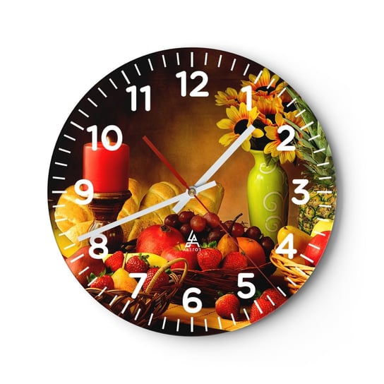 Zegar ścienny - Martwa natura z pieczywem i owocami - 40x40cm - Gastronomia Kwiaty Owoce - Okrągły zegar szklany - Nowoczeny Stylowy Zegar do salonu do kuchni - Cichy i Modny zegar ARTTOR