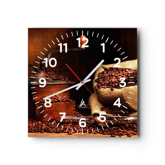 Zegar ścienny - Martwa natura z ziarnami kawy i młynkiem - 40x40cm - Gastronomia Kawa Młynek Do Kawy - Kwadratowy zegar szklany - Nowoczeny Stylowy Zegar do salonu do kuchni - Cichy i Modny zegar ARTTOR