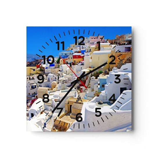 Zegar ścienny - Marzenie o greckim lecie - 40x40cm - Architektura Krajobraz Santorini - Kwadratowy zegar szklany - Nowoczeny Stylowy Zegar do salonu do kuchni - Cichy i Modny zegar ARTTOR