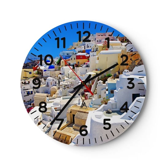 Zegar ścienny - Marzenie o greckim lecie - 40x40cm - Architektura Krajobraz Santorini - Okrągły zegar szklany - Nowoczeny Stylowy Zegar do salonu do kuchni - Cichy i Modny zegar ARTTOR