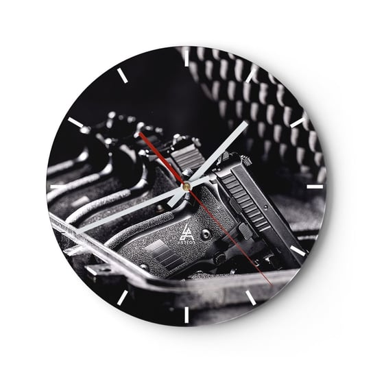 Zegar ścienny - Męski sport - 30x30cm - Militaria Broń Pistolet - Okrągły zegar na szkle - Nowoczeny Stylowy Zegar do salonu do kuchni - Cichy i Modny zegar ARTTOR
