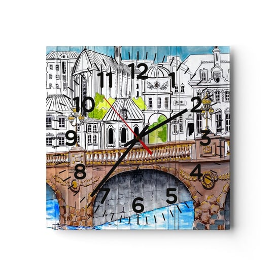 Zegar ścienny - Miasto jak malowane - 40x40cm - Graffiti Francja Architektura - Kwadratowy zegar szklany - Nowoczeny Stylowy Zegar do salonu do kuchni - Cichy i Modny zegar ARTTOR