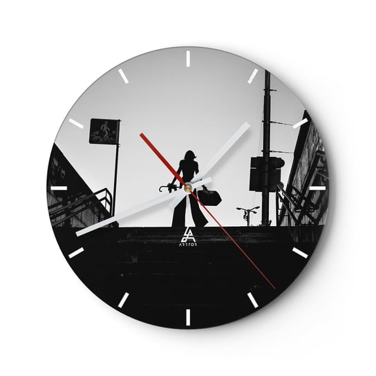 Zegar ścienny - Miejska wędrówka - 30x30cm - Miasto Kobieta Modelka - Okrągły zegar na szkle - Nowoczeny Stylowy Zegar do salonu do kuchni - Cichy i Modny zegar ARTTOR