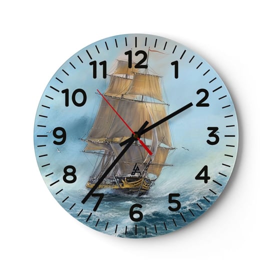 Zegar ścienny - Mknący po falach - 40x40cm - Morze Statek Marynistyczny - Okrągły zegar szklany - Nowoczeny Stylowy Zegar do salonu do kuchni - Cichy i Modny zegar ARTTOR