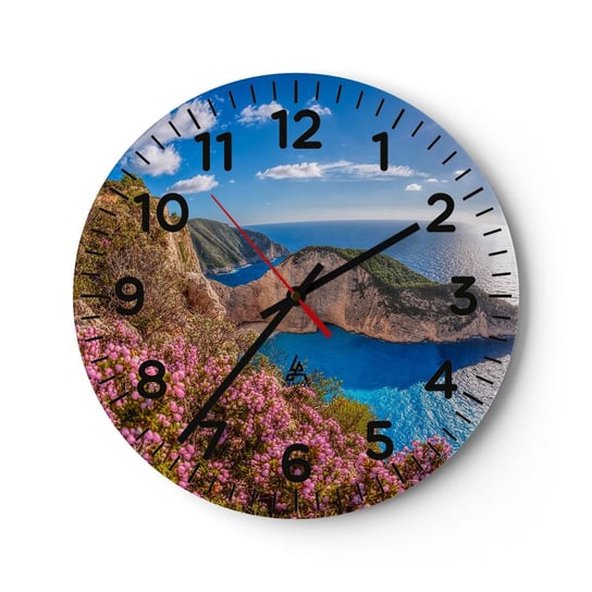 Zegar ścienny - Moje wielkie greckie wakacje - 40x40cm - Krajobraz Morze Grecja - Okrągły zegar szklany - Nowoczeny Stylowy Zegar do salonu do kuchni - Cichy i Modny zegar ARTTOR