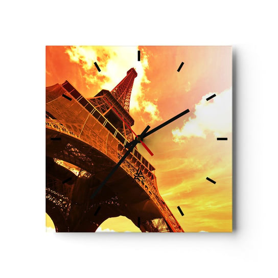 Zegar ścienny - Monumentalna, bo pozłacana słońcem - 30x30cm - Miasto Paryż Wieża Eiffla - Kwadratowy zegar na szkle - Nowoczeny Stylowy Zegar do salonu do kuchni - Cichy i Modny zegar ARTTOR