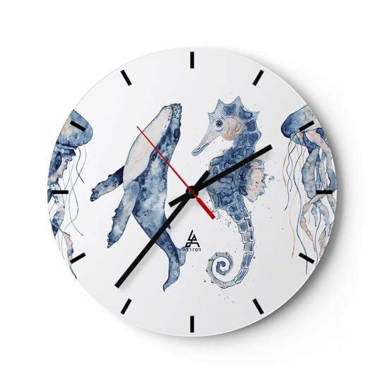 Zegar ścienny - Morskie dziwy - 30x30cm - Morskie Zwierzęta Konik Morski Meduza - Okrągły zegar na szkle - Nowoczeny Stylowy Zegar do salonu do kuchni - Cichy i Modny zegar ARTTOR