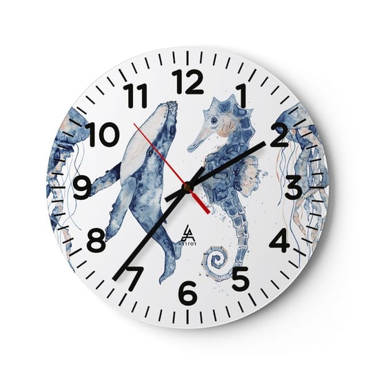 Zegar ścienny - Morskie dziwy - 40x40cm - Morskie Zwierzęta Konik Morski Meduza - Okrągły zegar szklany - Nowoczeny Stylowy Zegar do salonu do kuchni - Cichy i Modny zegar ARTTOR