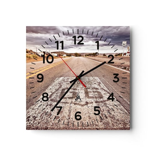 Zegar ścienny - Mother Road - amerykańska legenda - 40x40cm - Droga 66 Usa California - Kwadratowy zegar szklany - Nowoczeny Stylowy Zegar do salonu do kuchni - Cichy i Modny zegar ARTTOR