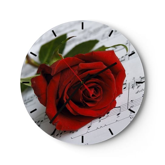 Zegar ścienny - Muzyka uczuć w szkarłacie - 30x30cm - Kwiaty Róża Muzyka - Okrągły zegar na szkle - Nowoczeny Stylowy Zegar do salonu do kuchni - Cichy i Modny zegar ARTTOR