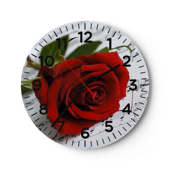 Zegar ścienny - Muzyka uczuć w szkarłacie - 30x30cm - Kwiaty Róża Muzyka - Okrągły zegar ścienny - Nowoczeny Stylowy Zegar do salonu do kuchni - Cichy i Modny zegar ARTTOR