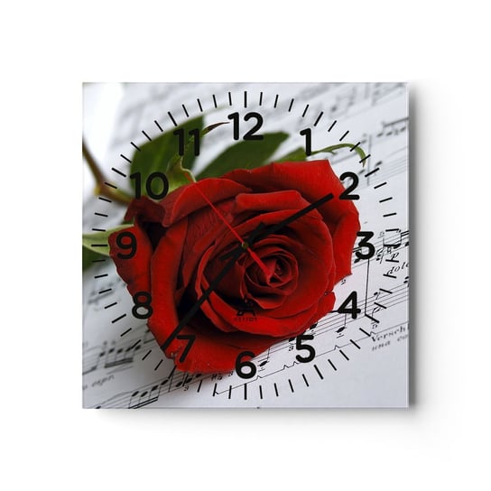 Zegar ścienny - Muzyka uczuć w szkarłacie - 40x40cm - Kwiaty Róża Muzyka - Kwadratowy zegar szklany - Nowoczeny Stylowy Zegar do salonu do kuchni - Cichy i Modny zegar ARTTOR