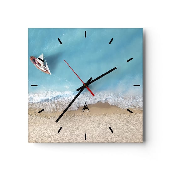 Zegar ścienny - Na granicy błękitu i złota - 30x30cm - Krajobraz Plaża Morze - Kwadratowy zegar na szkle - Nowoczeny Stylowy Zegar do salonu do kuchni - Cichy i Modny zegar ARTTOR