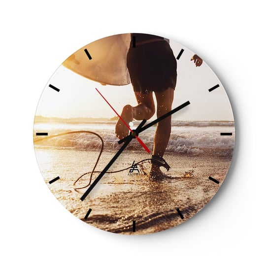 Zegar ścienny - Na spotkanie fali - 30x30cm - Surfing Plaża Wolność - Okrągły zegar na szkle - Nowoczeny Stylowy Zegar do salonu do kuchni - Cichy i Modny zegar ARTTOR